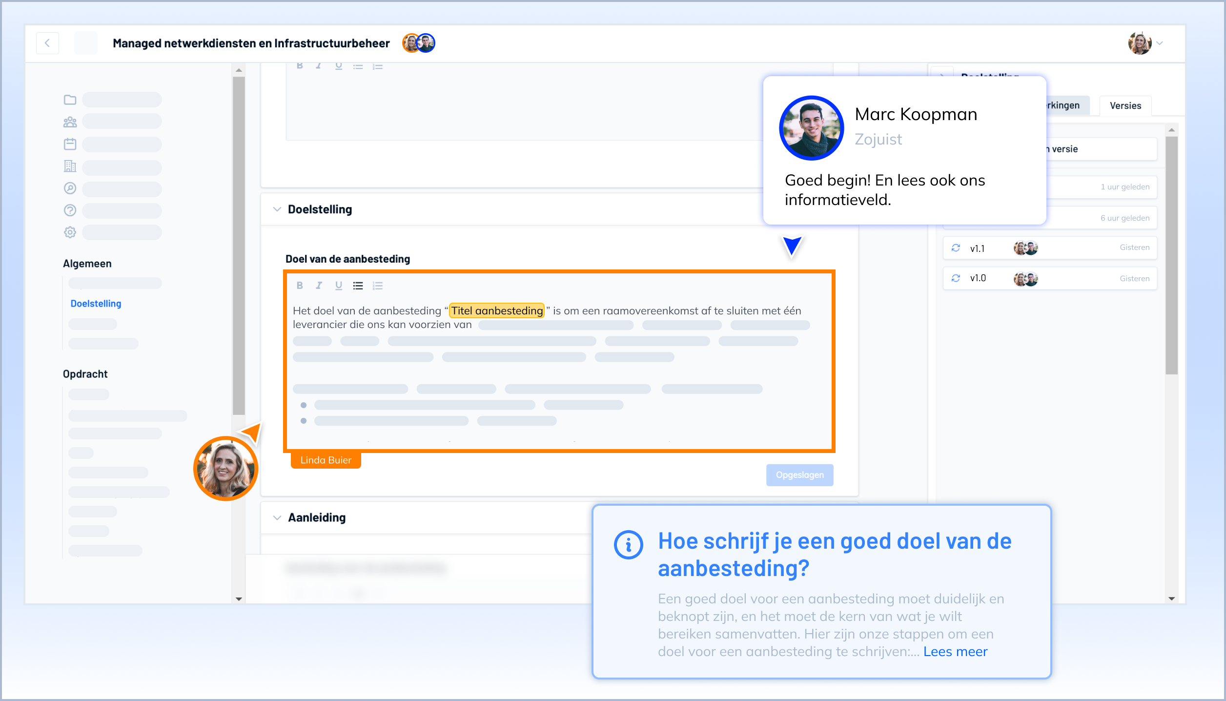 Voorbeeld van de Tenderbot-wizard waarin een aanbesteding gezamenlijk wordt opgesteld